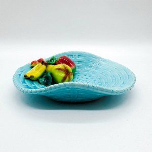 Vintage Ceramic Blue Basket Weave Bowl With Fruit Applique